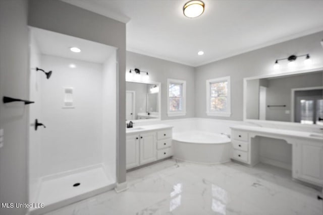 bathroom featuring vanity, independent shower and bath, and ornamental molding