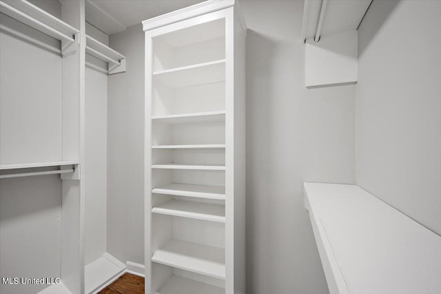 spacious closet with dark hardwood / wood-style flooring