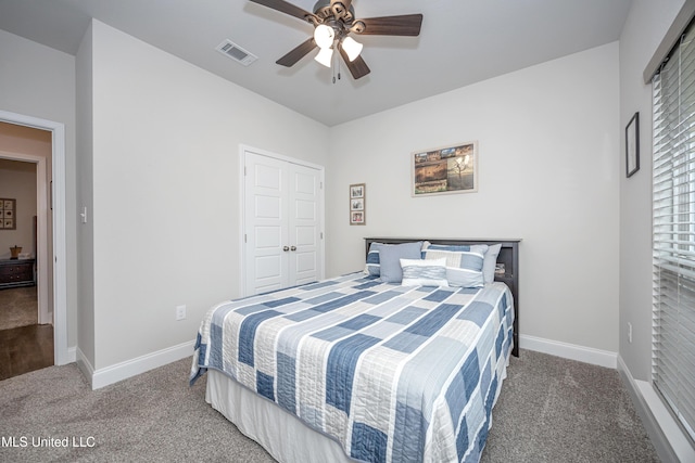 bedroom featuring carpet flooring and ceiling fan