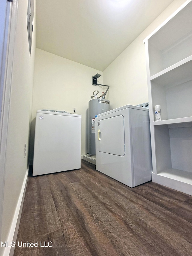 laundry room featuring washer / dryer, electric water heater, and dark hardwood / wood-style flooring