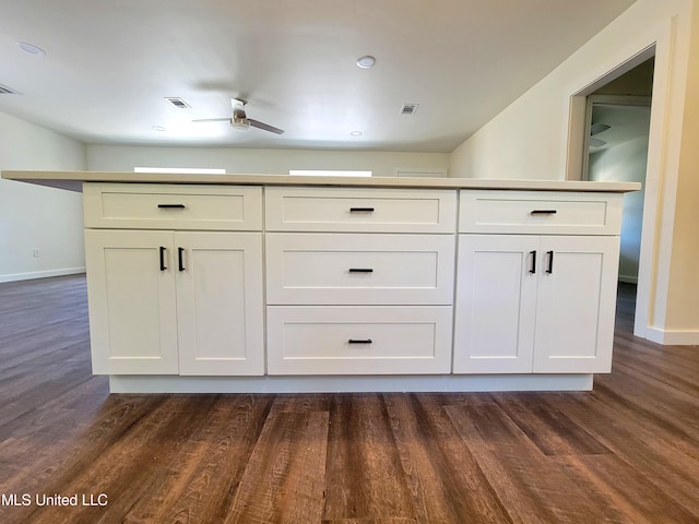 bathroom with hardwood / wood-style floors and ceiling fan