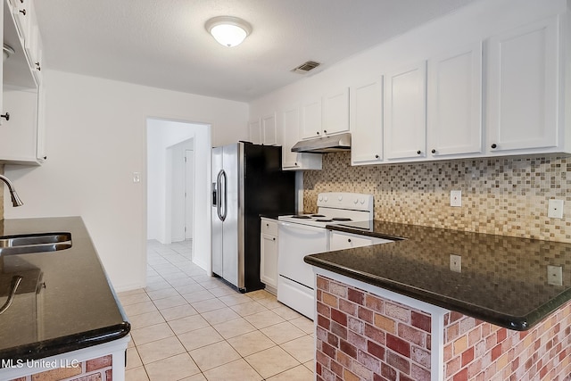 kitchen with sink, kitchen peninsula, white range with electric stovetop, decorative backsplash, and white cabinets