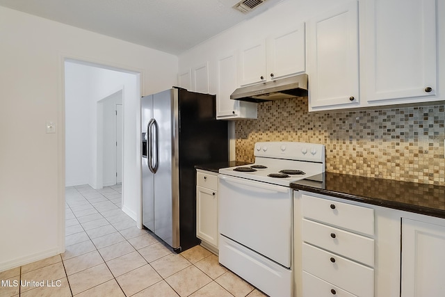 kitchen featuring tasteful backsplash, white electric range oven, white cabinets, and stainless steel fridge with ice dispenser