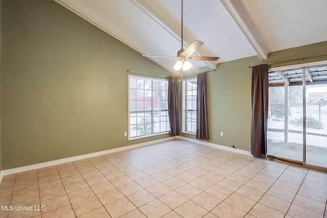 tiled spare room with ceiling fan and lofted ceiling with beams
