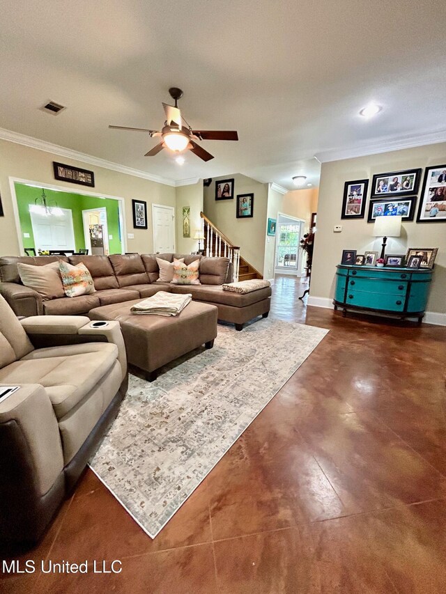 6520 Pleasant Grove Rd, Carthage, MS 39051 - living area featuring crown molding, a ceiling fan, and concrete floors