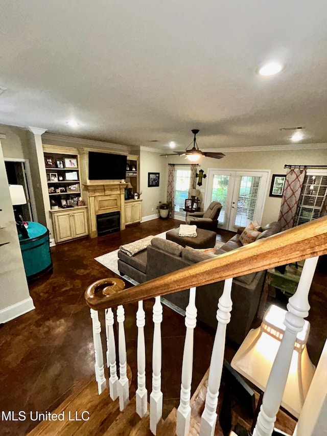 6520 Pleasant Grove Rd, Carthage, MS 39051 - living room featuring a fireplace, crown molding, ceiling fan, built in features, and recessed lighting