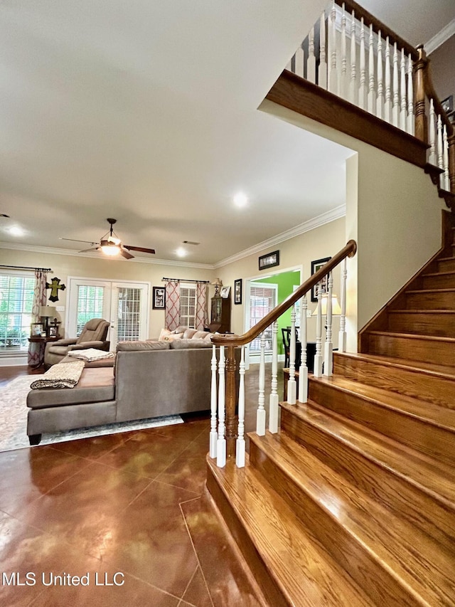 6520 Pleasant Grove Rd, Carthage, MS 39051 - stairs featuring crown molding, a ceiling fan, and recessed lighting