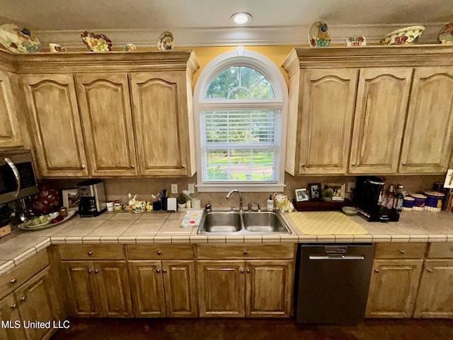 6520 Pleasant Grove Rd, Carthage, MS 39051 - kitchen featuring dishwashing machine, stainless steel microwave, tile counters, and light brown cabinetry