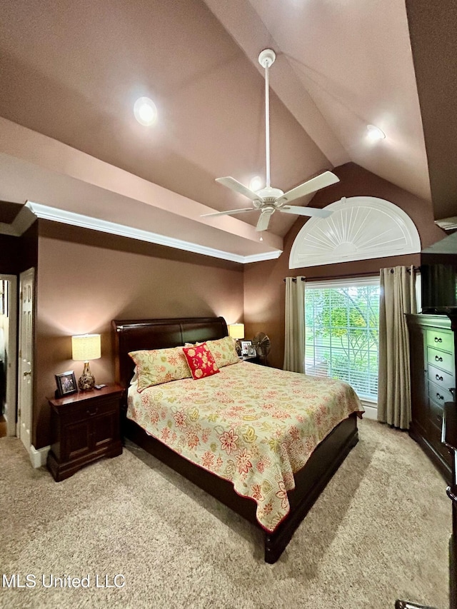 6520 Pleasant Grove Rd, Carthage, MS 39051 - bedroom with carpet, lofted ceiling, and a ceiling fan
