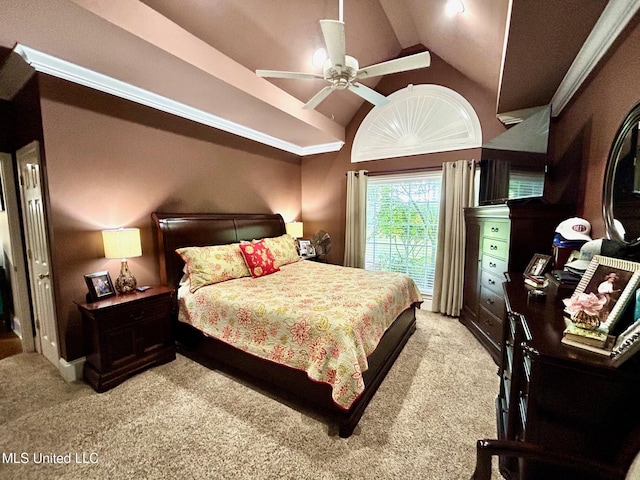 6520 Pleasant Grove Rd, Carthage, MS 39051 - bedroom featuring light colored carpet, vaulted ceiling, and a ceiling fan