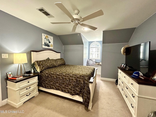 6520 Pleasant Grove Rd, Carthage, MS 39051 - bedroom with light colored carpet, lofted ceiling, and a ceiling fan