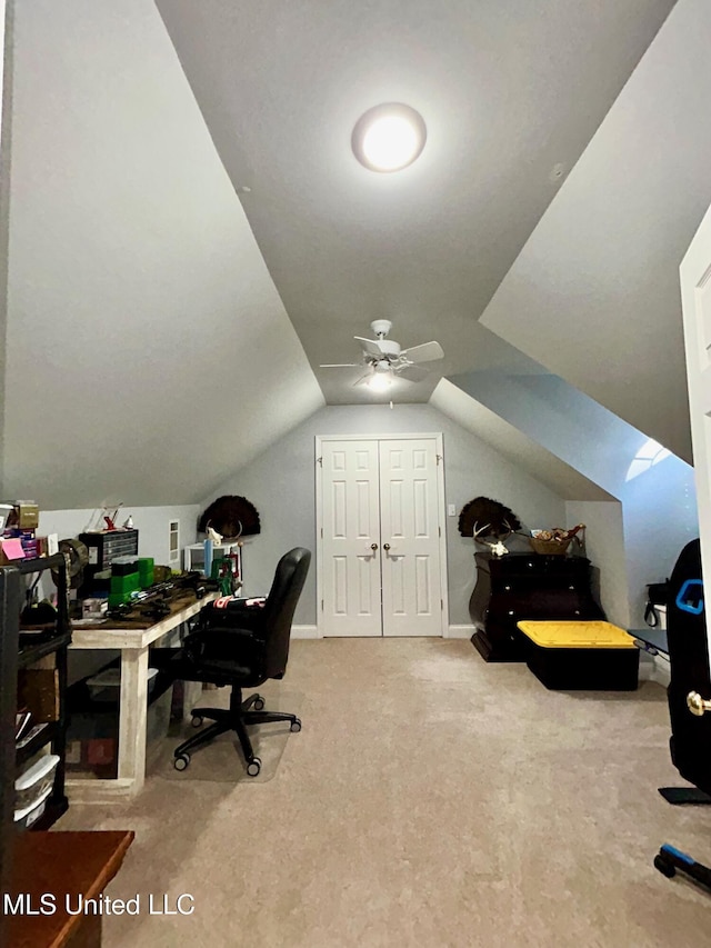 6520 Pleasant Grove Rd, Carthage, MS 39051 - carpeted home office with ceiling fan and vaulted ceiling
