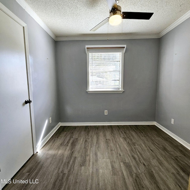 6688 Balboa Cir, Ocean Springs, MS 39564 - unfurnished room with dark wood-type flooring, ceiling fan, a textured ceiling, crown molding, and baseboards