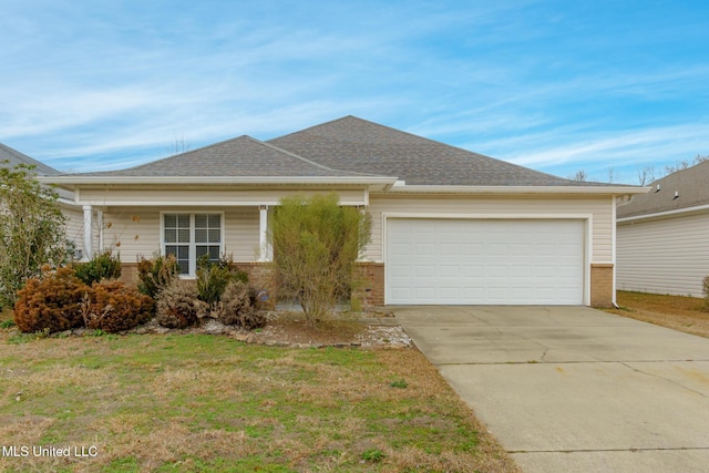 ranch-style house with a garage and a front yard