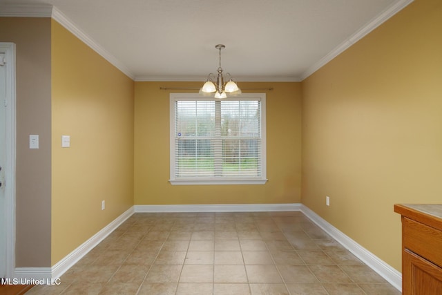 unfurnished dining area with crown molding, light tile patterned floors, and a chandelier