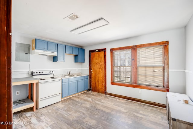 kitchen featuring white range with electric cooktop, electric panel, under cabinet range hood, and blue cabinetry