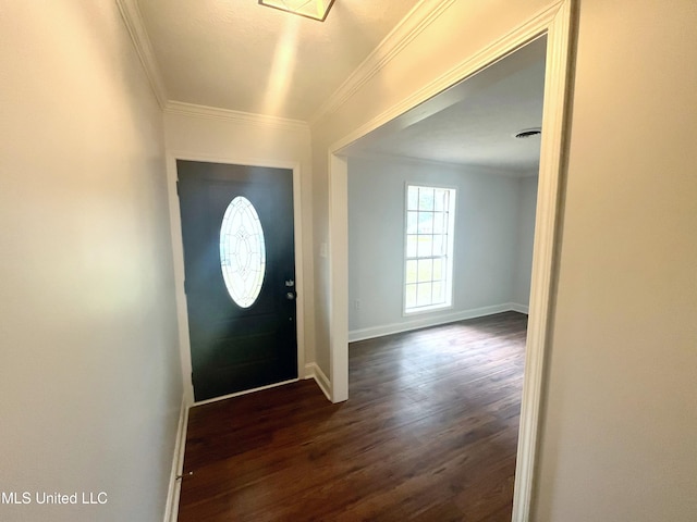 entryway featuring dark hardwood / wood-style floors and ornamental molding