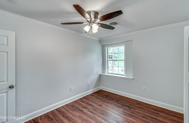 empty room with crown molding, ceiling fan, and dark wood-type flooring