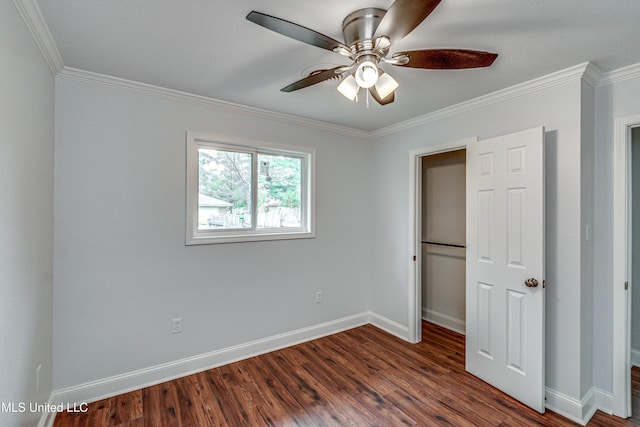 unfurnished bedroom featuring ceiling fan, dark hardwood / wood-style floors, and ornamental molding