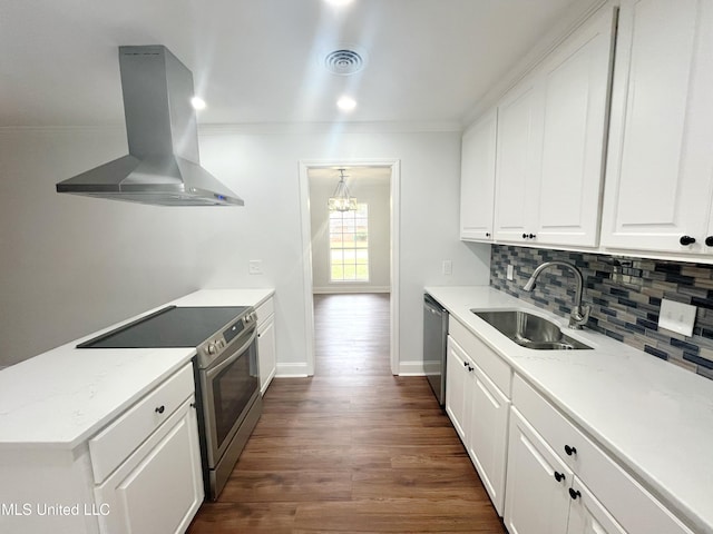 kitchen with appliances with stainless steel finishes, island range hood, sink, dark hardwood / wood-style floors, and white cabinetry