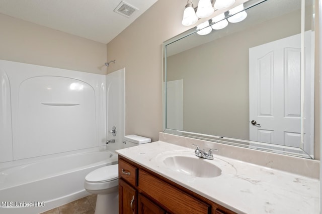 full bathroom featuring toilet, shower / bath combination, a chandelier, tile patterned flooring, and vanity