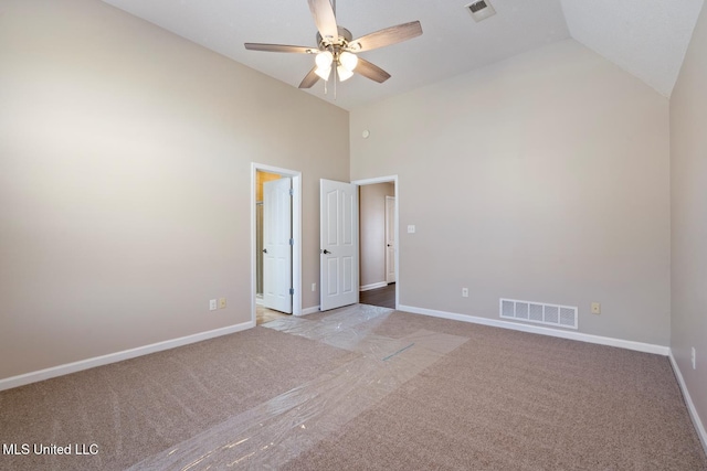 unfurnished bedroom with ceiling fan, high vaulted ceiling, and light carpet