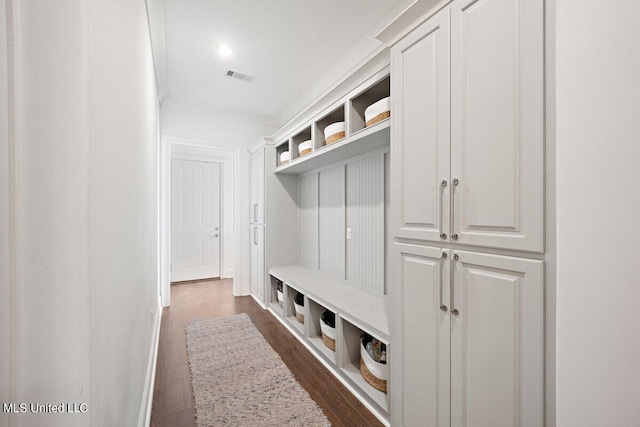 mudroom featuring ornamental molding and dark hardwood / wood-style flooring