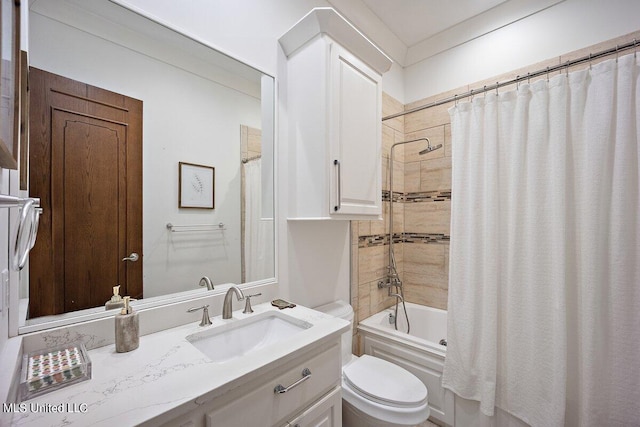 full bathroom with vanity, toilet, and shower / bathtub combination with curtain