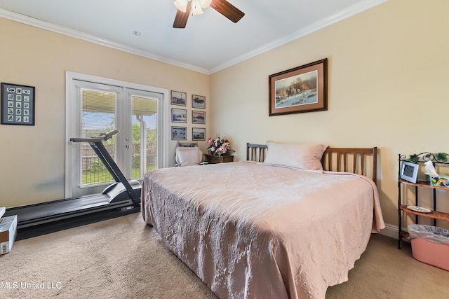 2325 Rue Beaux Chenes, Ocean Springs, MS 39564 - carpeted bedroom with access to exterior, ornamental molding, french doors, and ceiling fan