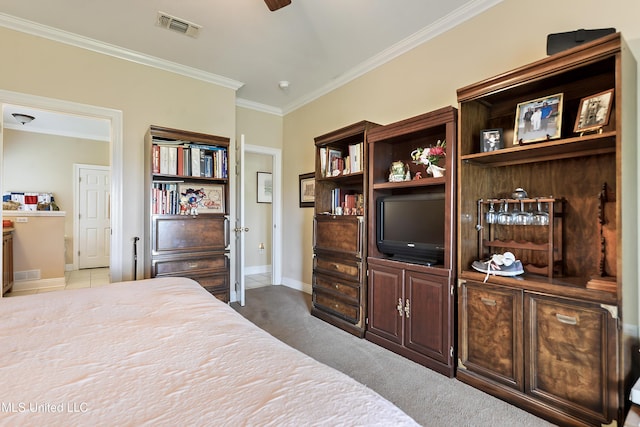 2325 Rue Beaux Chenes, Ocean Springs, MS 39564 - bedroom featuring crown molding, light colored carpet, baseboards, and a ceiling fan