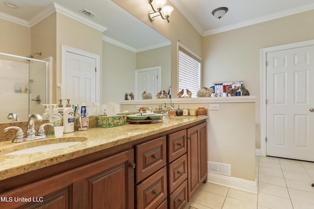 2325 Rue Beaux Chenes, Ocean Springs, MS 39564 - full bath with tile patterned floors, double vanity, a stall shower, crown molding, and baseboards