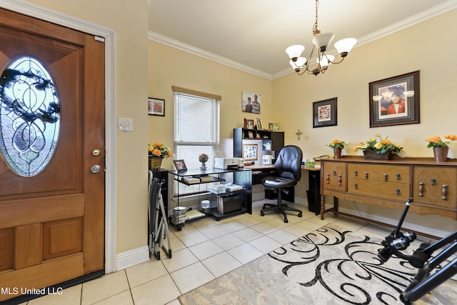 2325 Rue Beaux Chenes, Ocean Springs, MS 39564 - home office featuring light tile patterned floors, crown molding, a chandelier, and baseboards