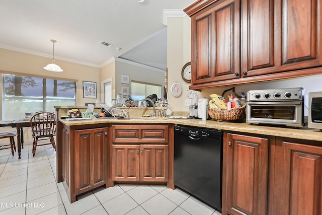 2325 Rue Beaux Chenes, Ocean Springs, MS 39564 - kitchen with dishwasher, a sink, crown molding, light tile patterned floors, and a peninsula