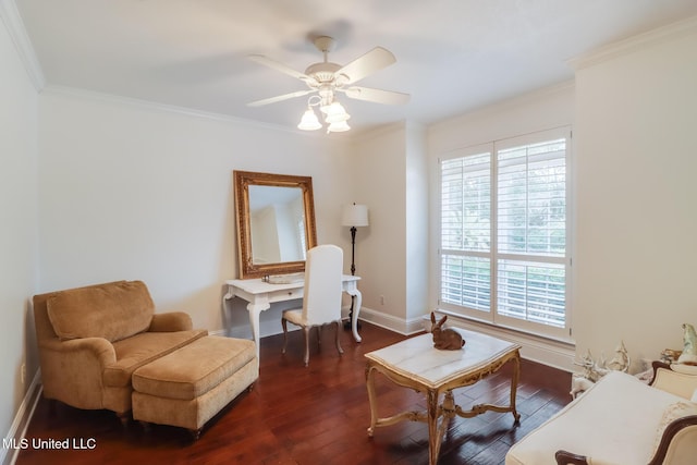 office with crown molding, dark hardwood / wood-style floors, and ceiling fan