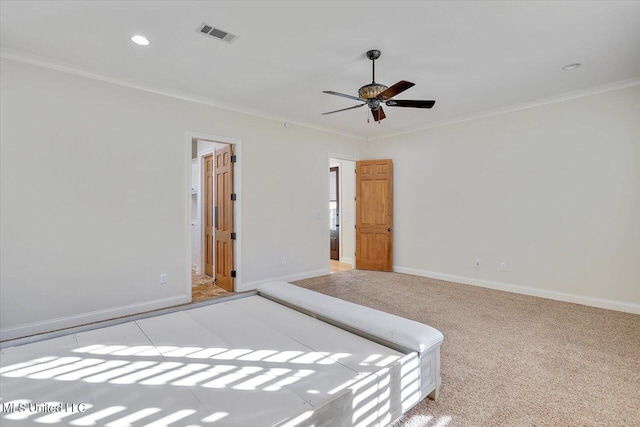 unfurnished bedroom with ornamental molding and ceiling fan