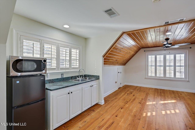 kitchen featuring wood ceiling, white cabinets, appliances with stainless steel finishes, ceiling fan, and sink