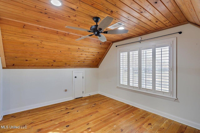 bonus room with ceiling fan, wood ceiling, light wood-type flooring, and lofted ceiling