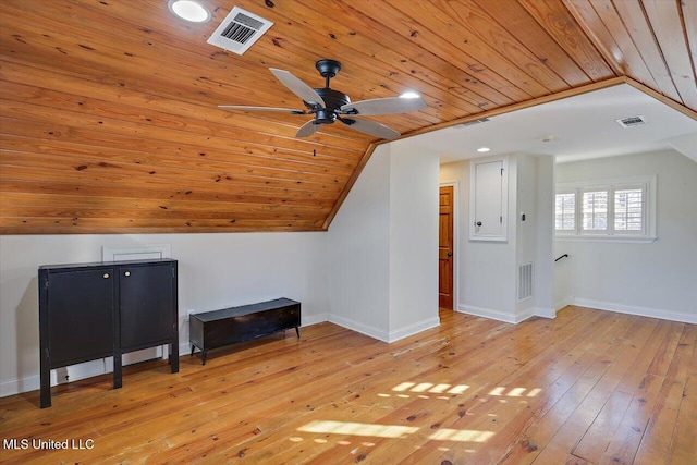 bonus room featuring light hardwood / wood-style floors, ceiling fan, wooden ceiling, and vaulted ceiling