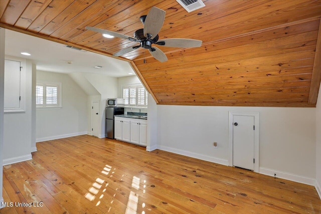 bonus room with wooden ceiling, ceiling fan, vaulted ceiling, and light hardwood / wood-style flooring