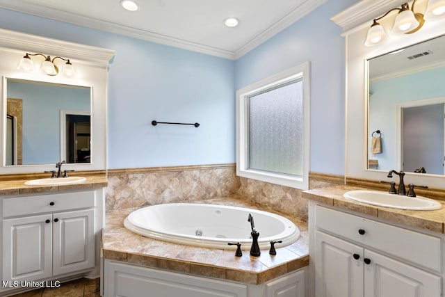 103 Maple Grv, Madison, MS 39110 - full bath featuring two vanities, a whirlpool tub, a shower stall, ornamental molding, and recessed lighting