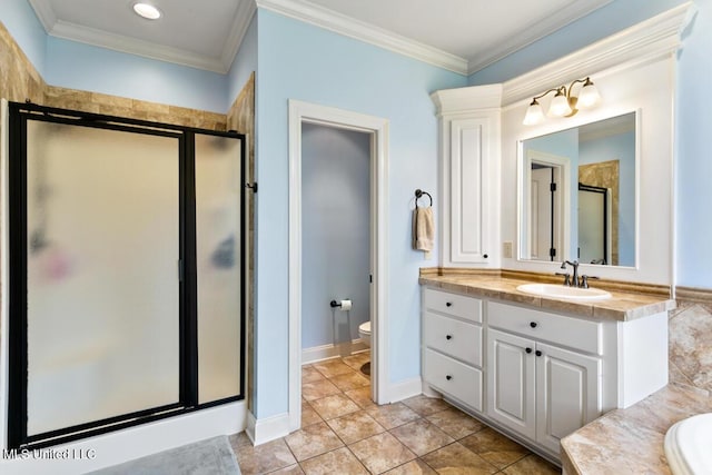 103 Maple Grv, Madison, MS 39110 - bathroom featuring a stall shower, vanity, crown molding, and tile patterned floors