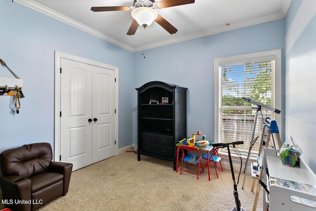 103 Maple Grv, Madison, MS 39110 - game room with carpet, a ceiling fan, and crown molding