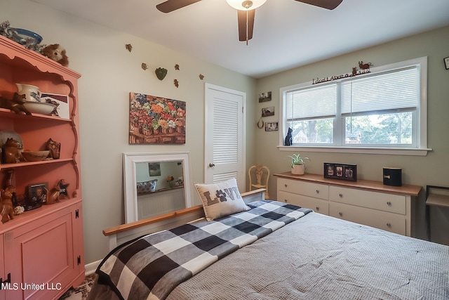 bedroom with ceiling fan and a closet