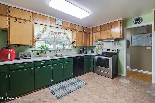 kitchen with electric stove, decorative backsplash, sink, and black dishwasher