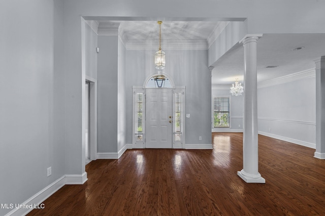 706 Danforth Dr, Madison, MS 39110 - entryway with decorative columns, wood finished floors, crown molding, baseboards, and a chandelier