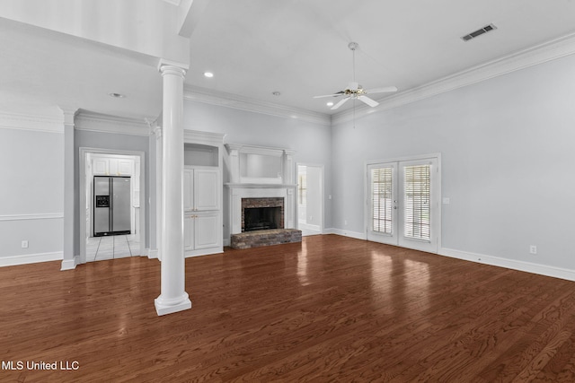 706 Danforth Dr, Madison, MS 39110 - unfurnished living room featuring a ceiling fan, ornamental molding, a fireplace, wood finished floors, and recessed lighting