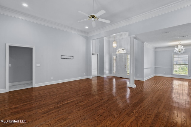 706 Danforth Dr, Madison, MS 39110 - unfurnished living room featuring a chandelier, wood finished floors, crown molding, a ceiling fan, and baseboards