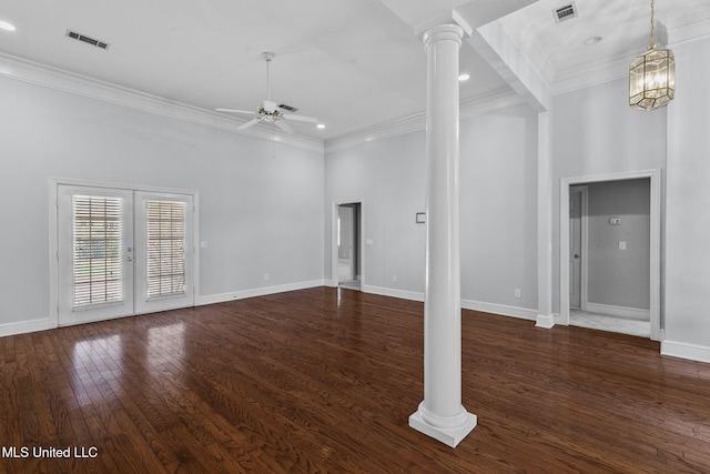 706 Danforth Dr, Madison, MS 39110 - unfurnished living room featuring decorative columns, crown molding, a ceiling fan, wood finished floors, and baseboards