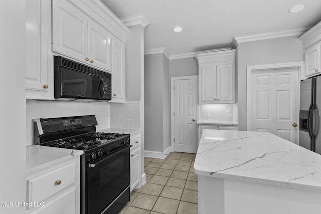 706 Danforth Dr, Madison, MS 39110 - kitchen with black appliances, white cabinets, ornamental molding, light tile patterned flooring, and decorative backsplash