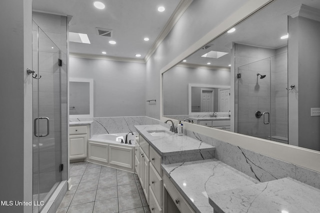 706 Danforth Dr, Madison, MS 39110 - full bathroom with ornamental molding, a shower stall, a bath, vanity, and tile patterned floors